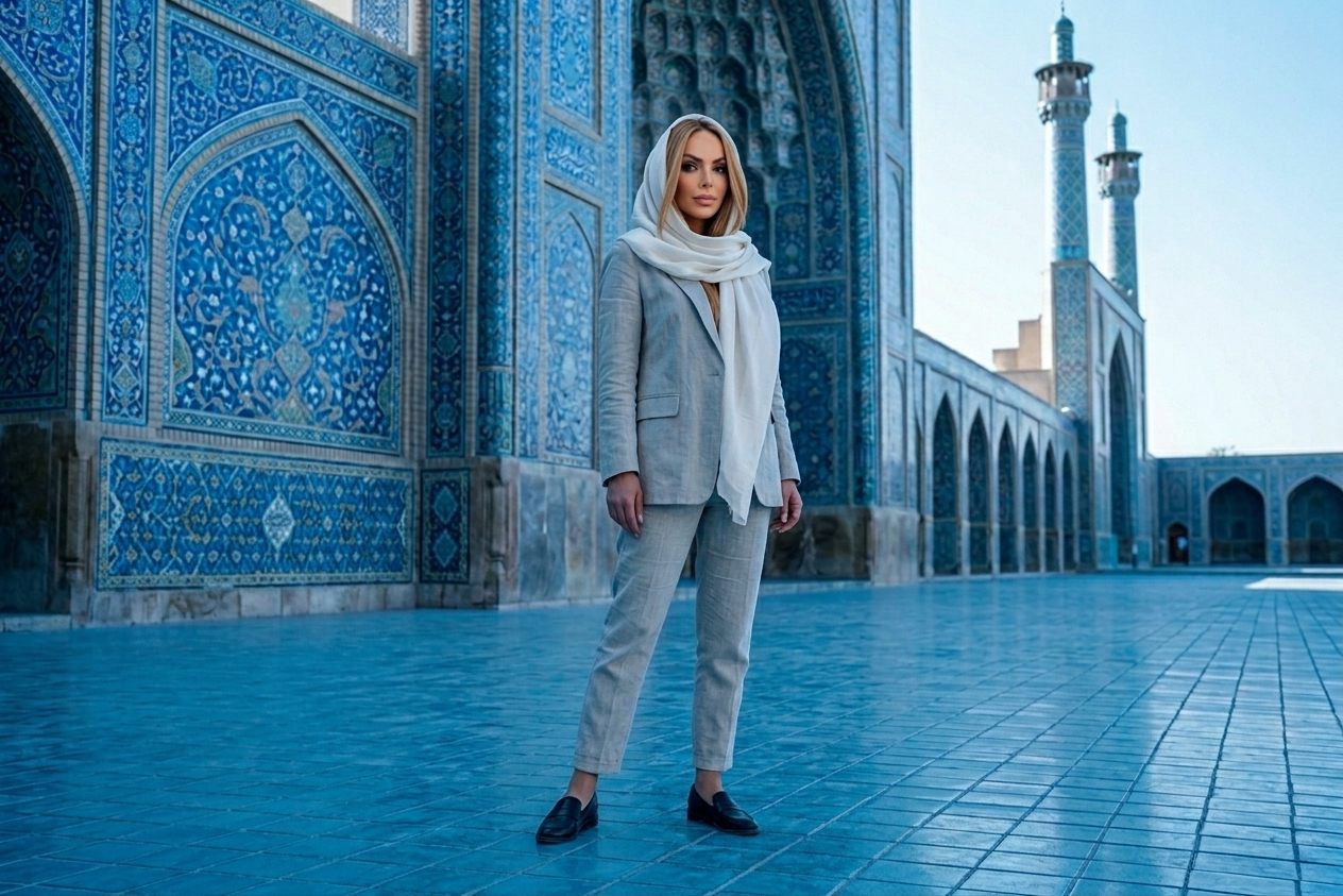 Symbolische Darstellung einer Frau vor iranischer Architektur in Isfahan