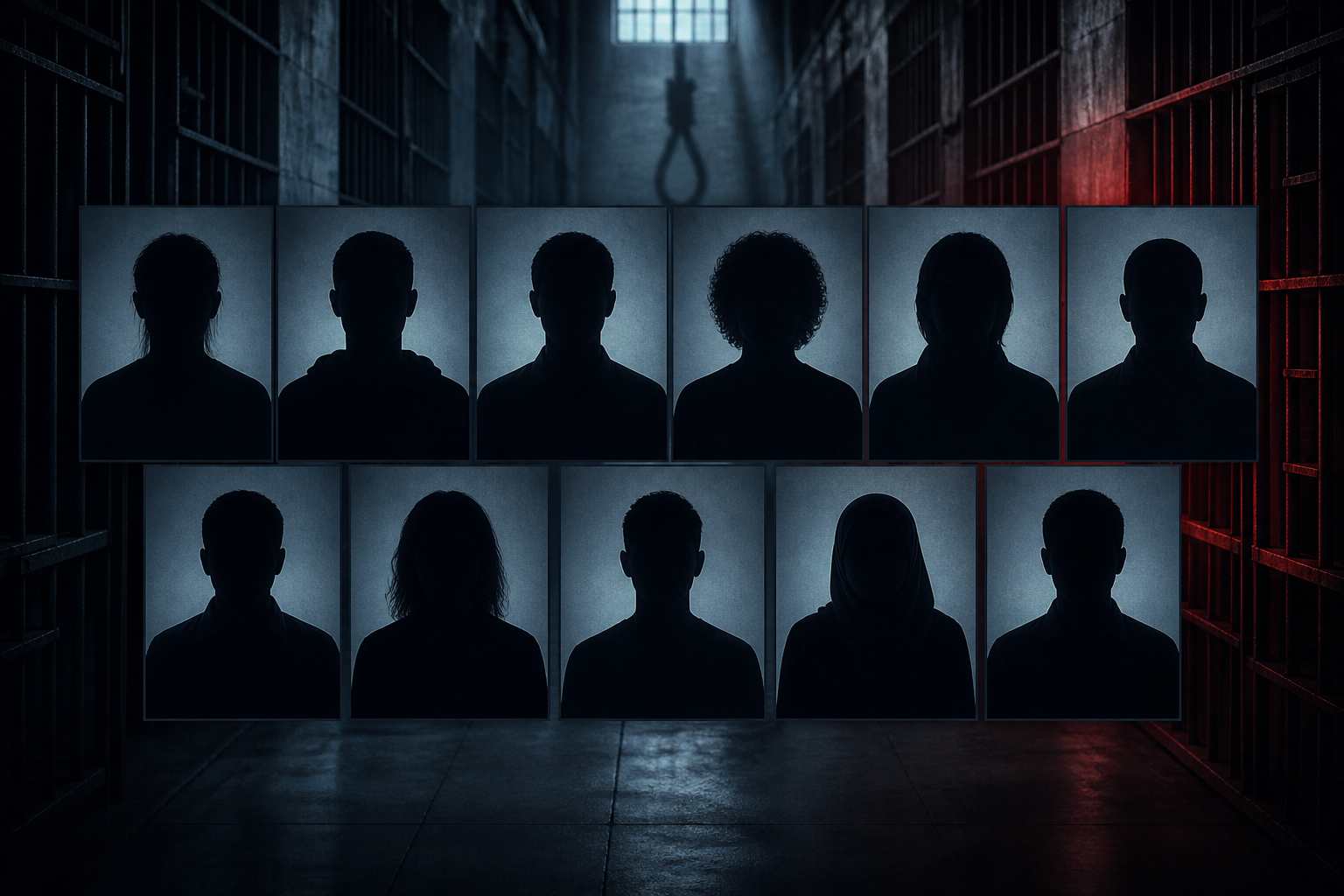 Symbolische Darstellung von elf anonymen Inhaftierten vor Gefängnisgittern